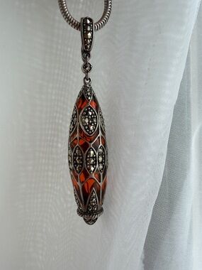 Vintage Marcasite Amber Glass Teardrop Pendant